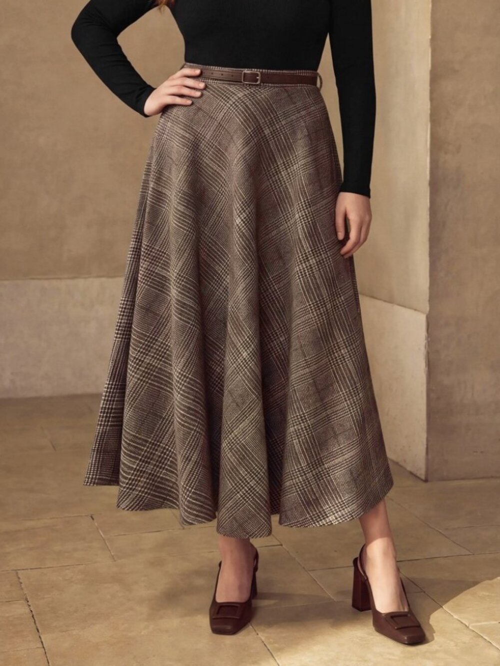 Black / Brown Prince of Wales Plaid A-Line Maxi Skirt